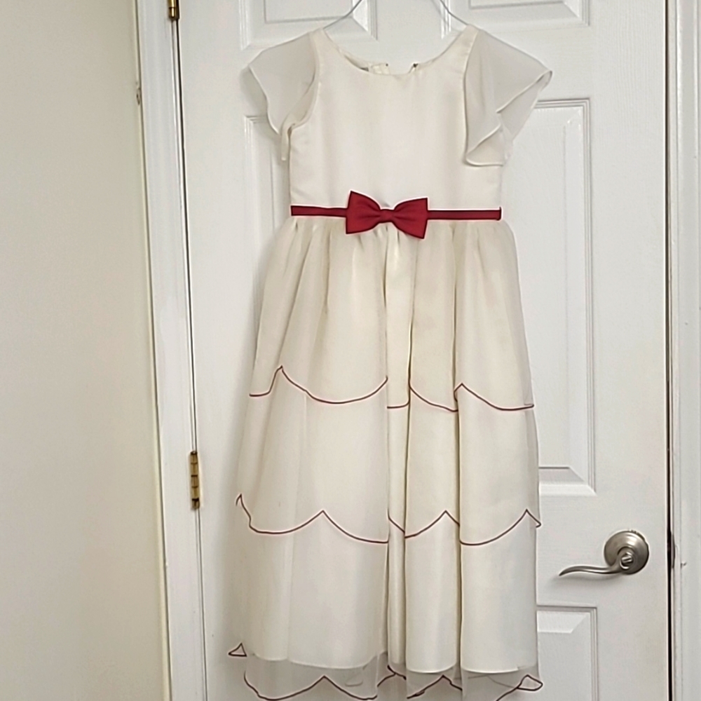 Girls Flower Girl White Formal Ruffle Dress with Red Details and Bows Cap sleeve